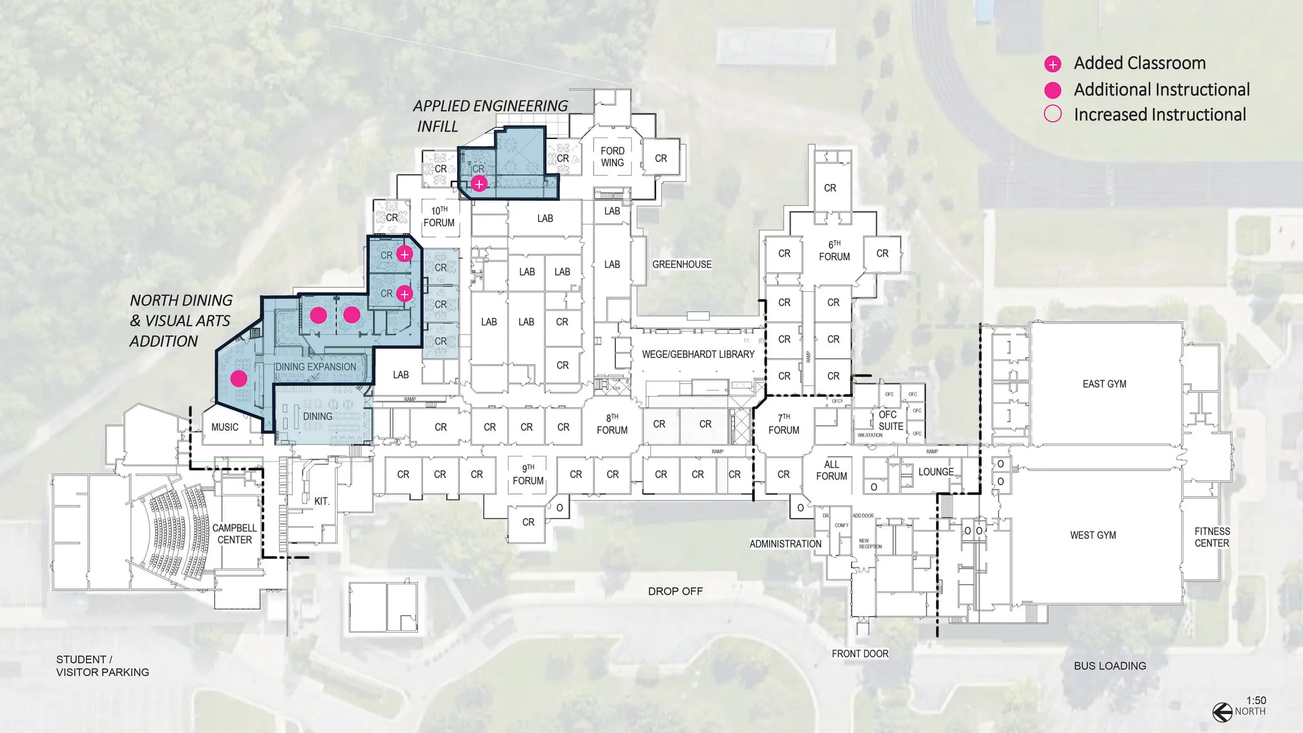 A map showing the spaces on the main level this project will impact