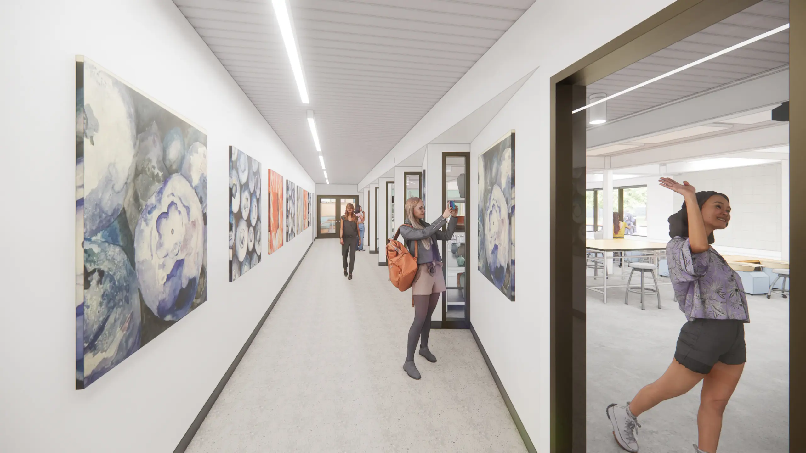 A rendering of students in the art gallery outside of a studio