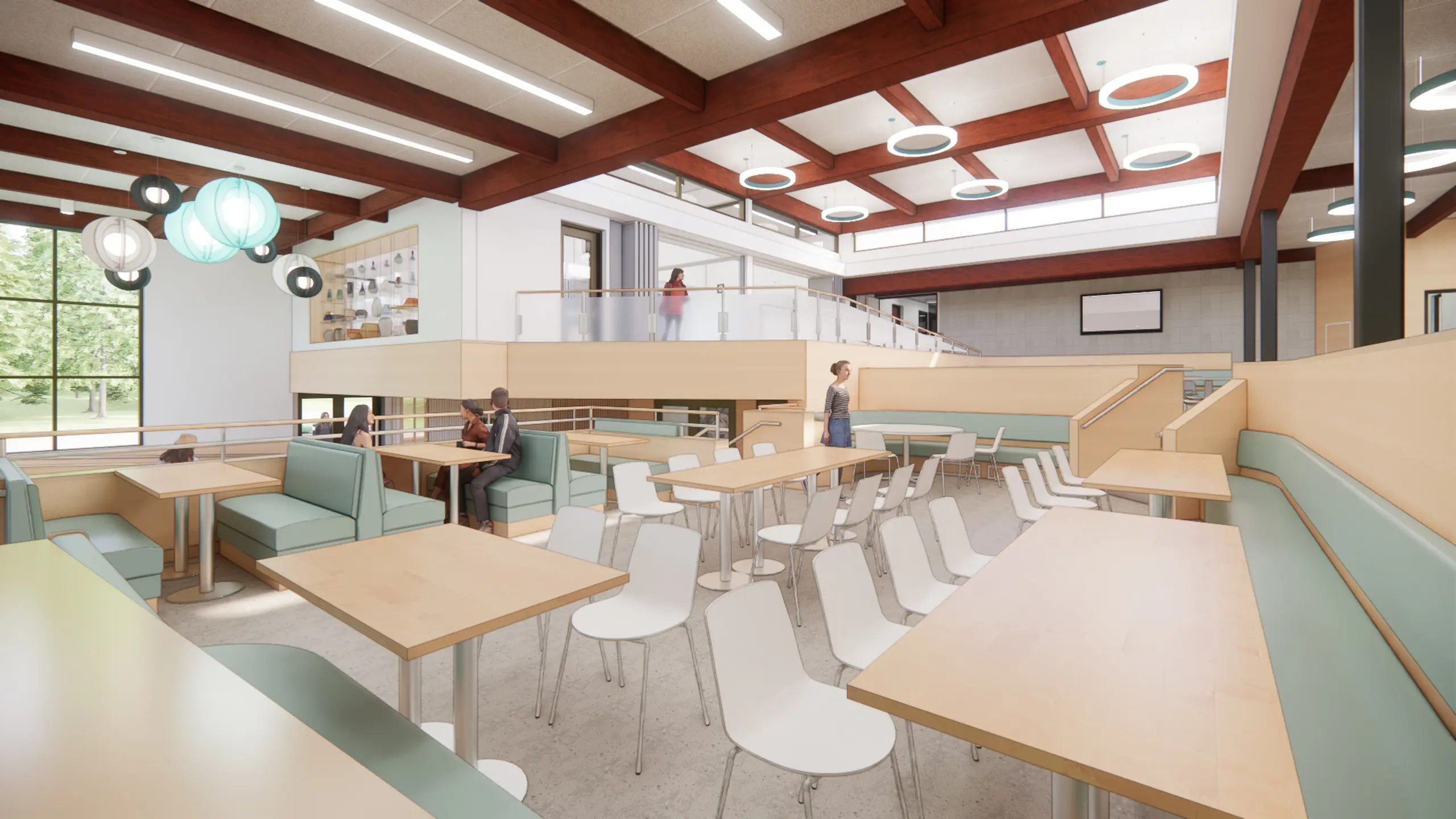 A view of the dining room looking towards the flexible classrooms