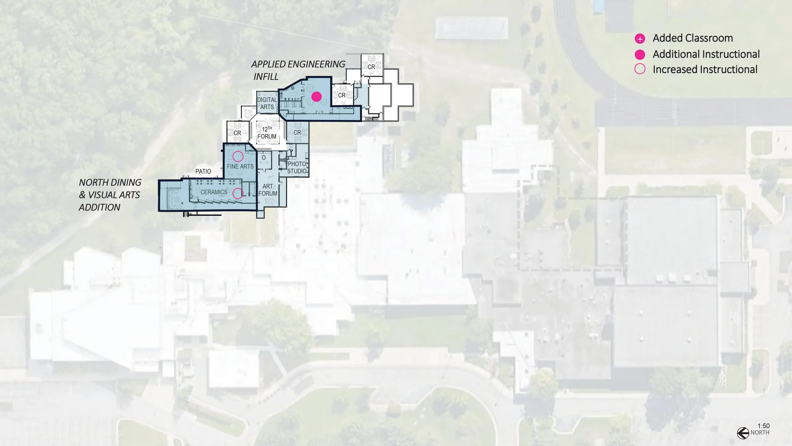 A map showing the spaces on the lower level this project will impact